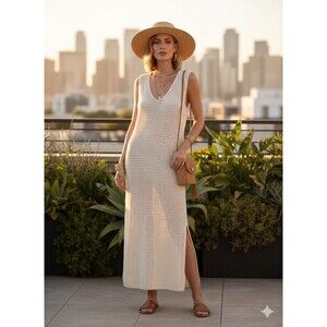Old Navy Sleeveless Crochet MIDI Swim S Cover Up Dress Cream Summer Coastal
